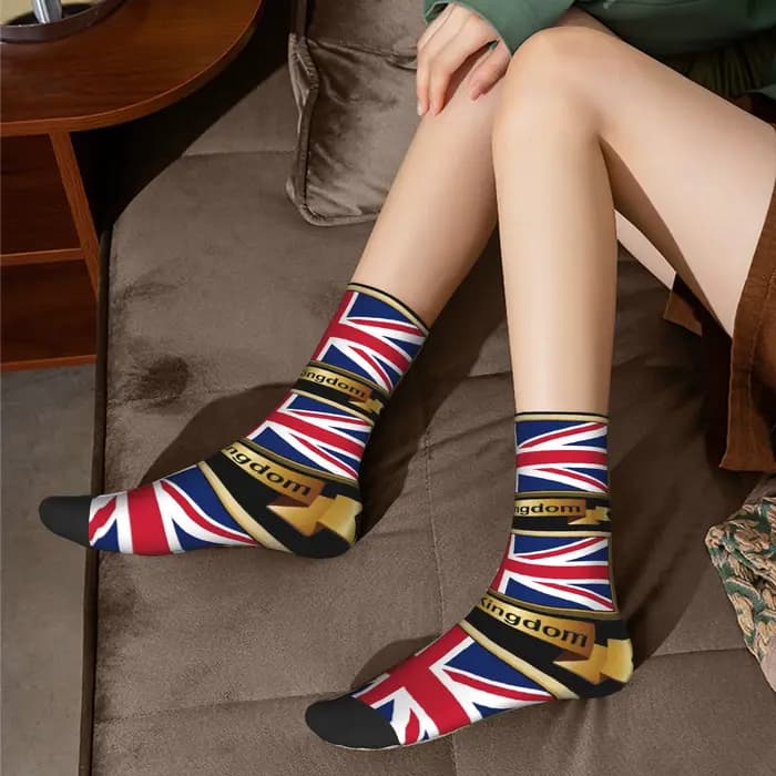 Chaussettes personnalisées avec impression drôle de drapeau du royaume-uni pour femmes et hommes, chaussettes extensibles pour l'été, l'automne et l'hiver de la grande-bretagne
