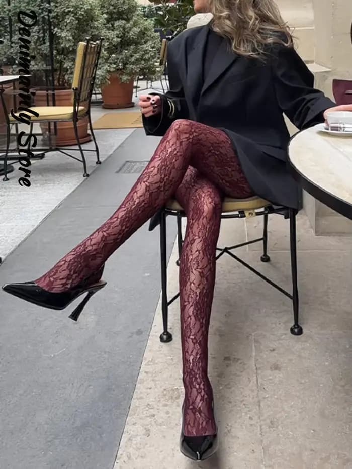 Collants en dentelle bordeaux pour femmes