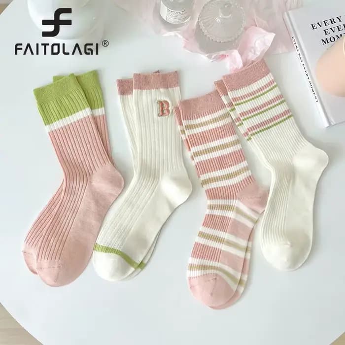 Chaussettes longues en coton rose doux pour femmes, quatre saisons, série Forest, princesse, fille, mi-tube, chaussette à rayures, mode