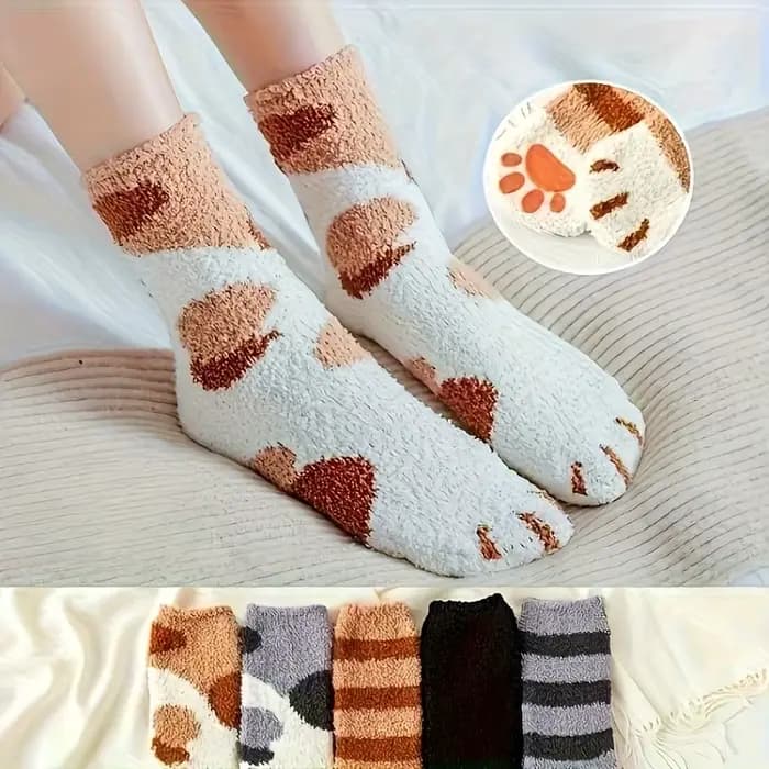Chaussettes mi-mollet en molleton de corail pour femmes, épaisses, flocées, mignonnes, chat de dessin animé, longues, chaussures chaudes et confortables
