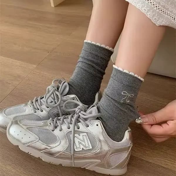 3 paires de chaussettes en coton style ballet avec nœud en dentelle pour femme