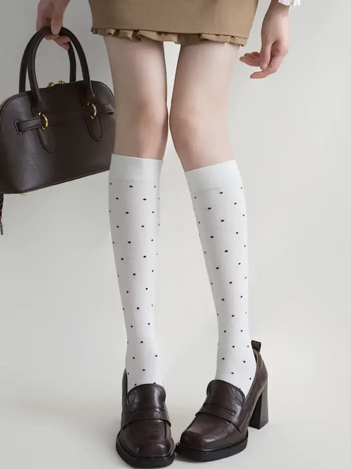 JK uniforme blanc coton chaussettes femmes Vintage mignon à pois genou-haut chaussette Compression