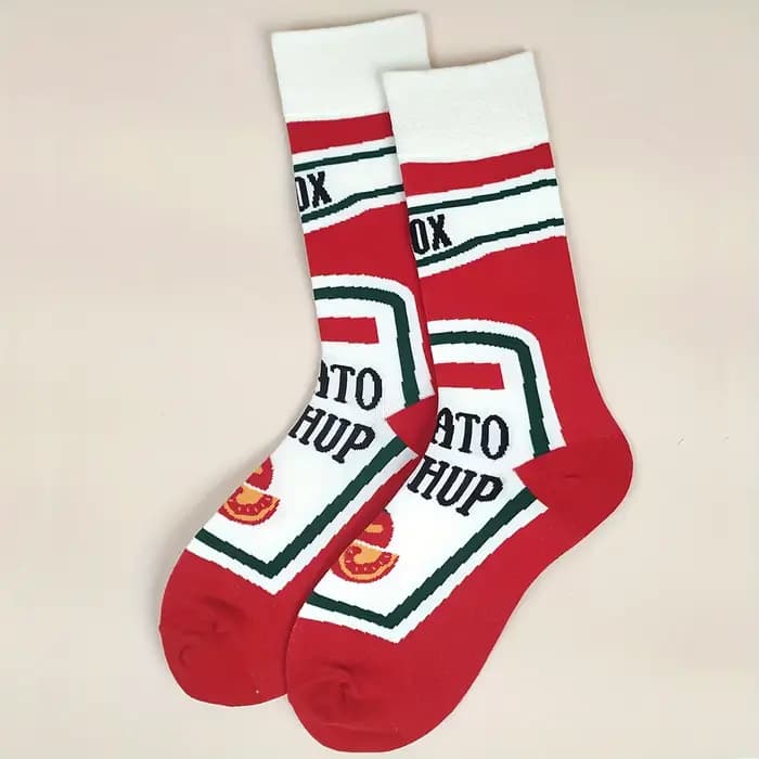 1 paire de chaussettes pour hommes sur le thème de la nourriture drôle-chaussettes mi-mollet imprimées du paquet Ketchup