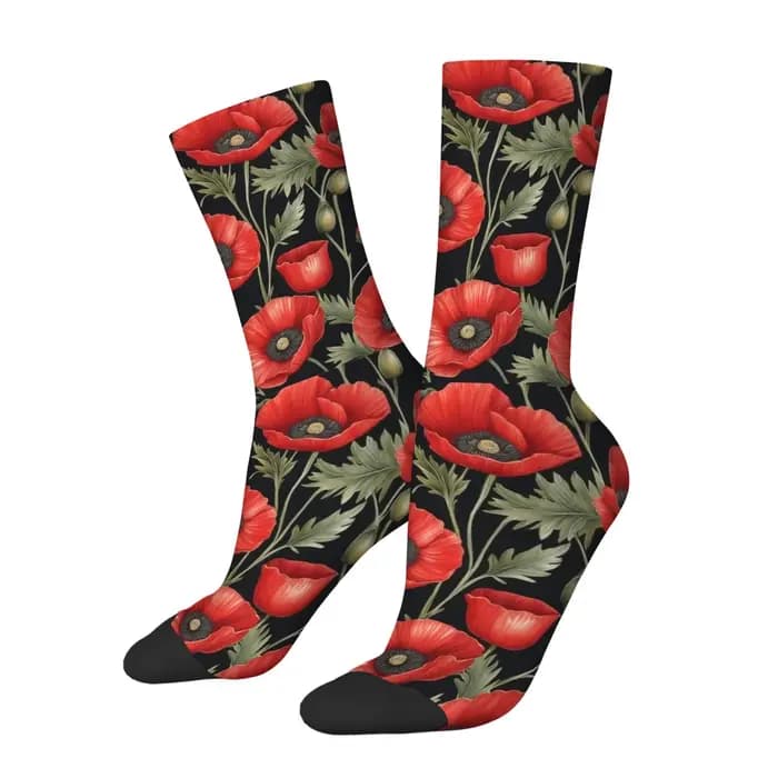1 paire de chaussettes coquelicot rouge sur fond noir conçues pour les hommes avec un style hip hop vintage