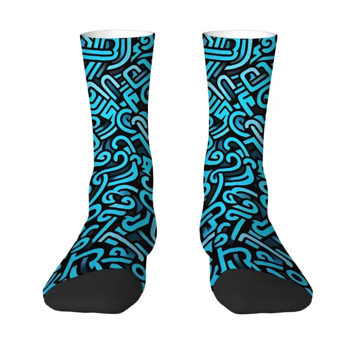 Chaussettes mi-mollet pour hommes à imprimé lignes abstraites bleues et noires