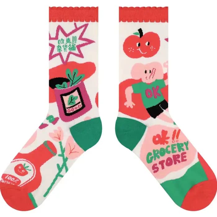 Chaussettes pour femmes en coton, printemps-automne, imprimé tomate, dessin animé mignon, kawaii, chaussettes mi-tube confortables, absorbant la transpiration, chaussettes en tissu éponge