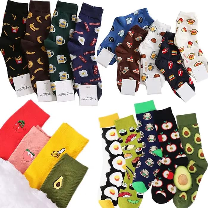 Harajuku chaussettes heureuses hommes drôle dessin animé fruit avocat banane burger frites bière biscuit poulet frit