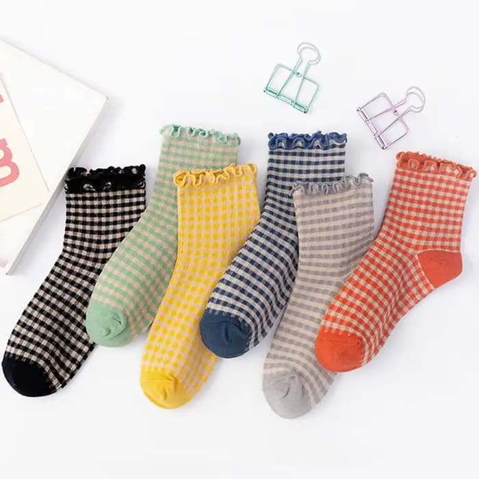Chaussettes femme automne à carreaux rétro Vintage coton