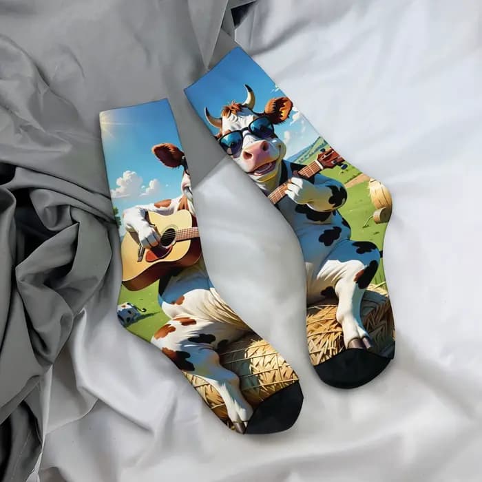Chaussettes fantaisie drôles avec visage de vache, avec guitare, longueur mi-mollet, confortables, décontractées et à thème, Style rétro et ludique pour les fêtes