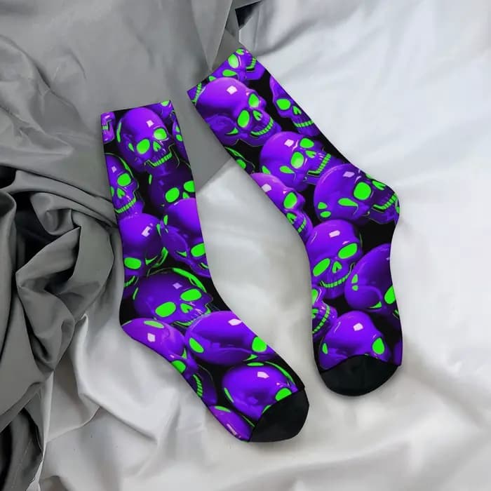 Chaussettes à motif de crâne violet néon, extensibles, légères, confortables, pour usage quotidien, pour hommes, cyclisme, randonnée, festivals de musique, chaussettes de compression originales