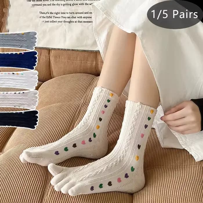 1/5 paires 5 doigts chaussettes femmes fille coton 3D Jacquard Vintage mignon amour coloré doux élastique absorbant la sueur orteil heureux chaussettes