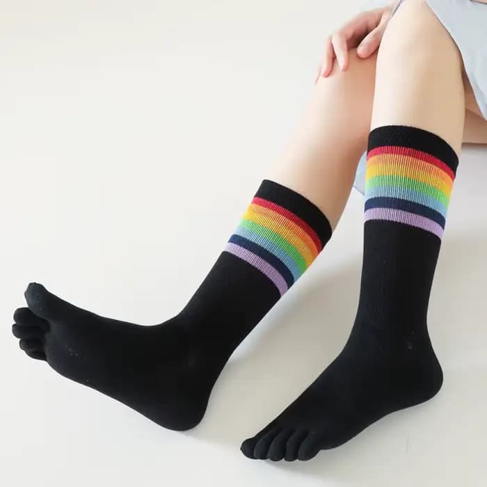 Chaussettes de Sport pour femmes avec orteils mode coloré rayé noir blanc chaussette en coton coréen longue