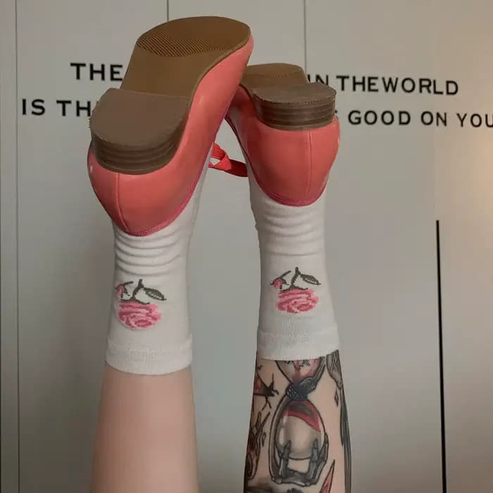 Femme mode élégant rétro printemps automne bout fendu coton chaussettes Rose motifs floraux deux orteils couleur unie Tube moyen Tabi Sox