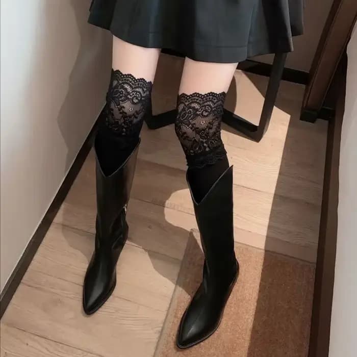 Lolita Optics Cuissardes en dentelle pour femmes, bas chauds, chaussettes longues, sexy, noir, blanc, mignon, solide, document, botte, automne, hiver