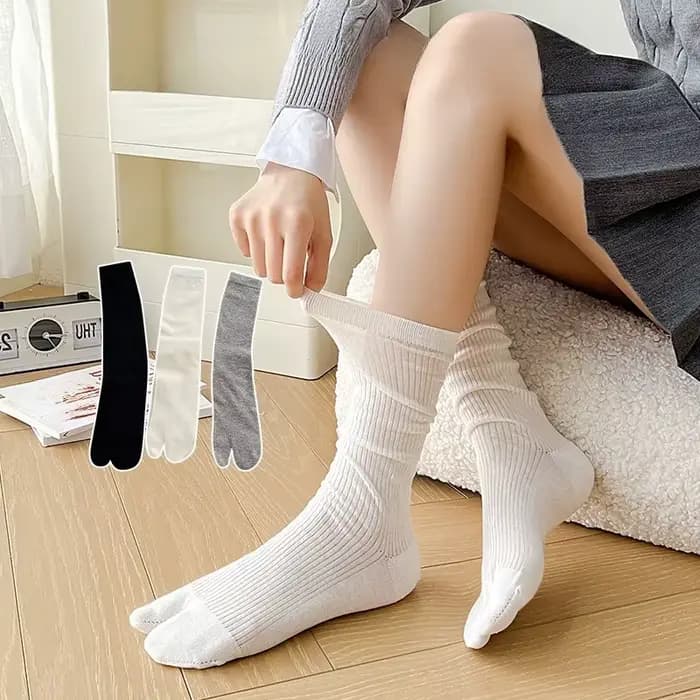 1 Paris Chaussettes fines de ballet à bout fendu pour femmes, mi-mollet, style doux pour jeunes filles, chaussettes amples à deux orteils, longues, couleur unie, noir, blanc, gris