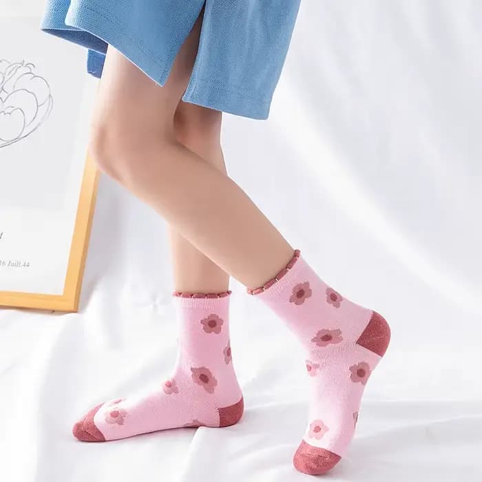 5 paires fleur rose tricot chaud pour enfants chaussettes pour filles