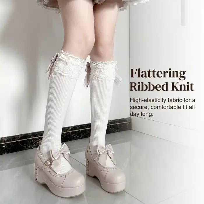Chaussettes hautes côtelées en dentelle avec nœud pour femme