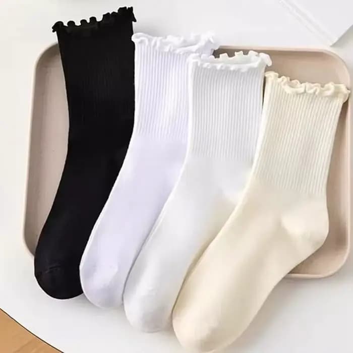 Chaussettes à volants pour femmes, couleur unie, en coton, confortables, mi-hautes, respirantes, style Kawaii
