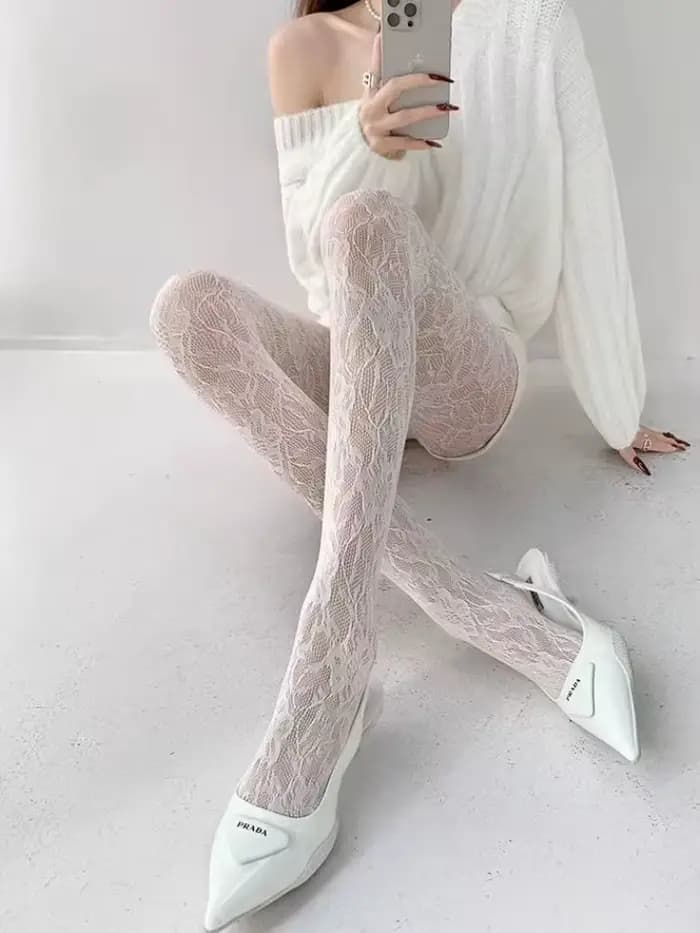 Collants résille blancs sexy pour femme, fins, à motif floral, élastiques, amincissants, taille haute, ajourés, pour l'été