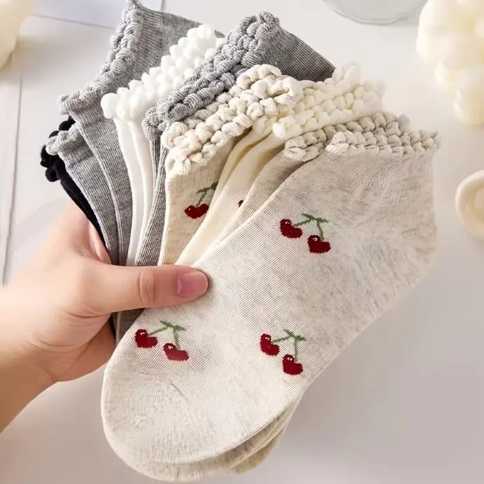 5 paires de chaussettes à volants mignonnes en forme de cerise pour femmes