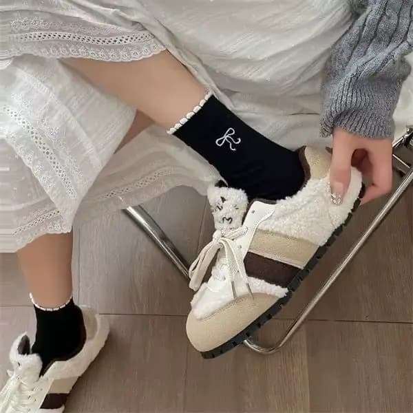 3 paires de chaussettes en coton style ballet avec nœud en dentelle pour femme