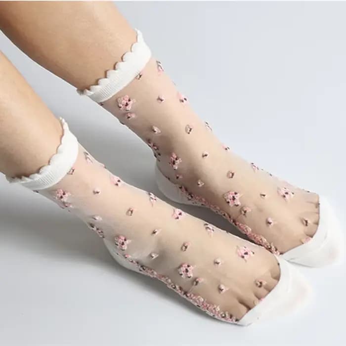 InjSocks-Chaussettes en cristal transparent ultra-mince pour femmes, Chaussettes en verre d'été, Chaussettes d'astronomie en coton, Broderie florale, Rétro Harajuku