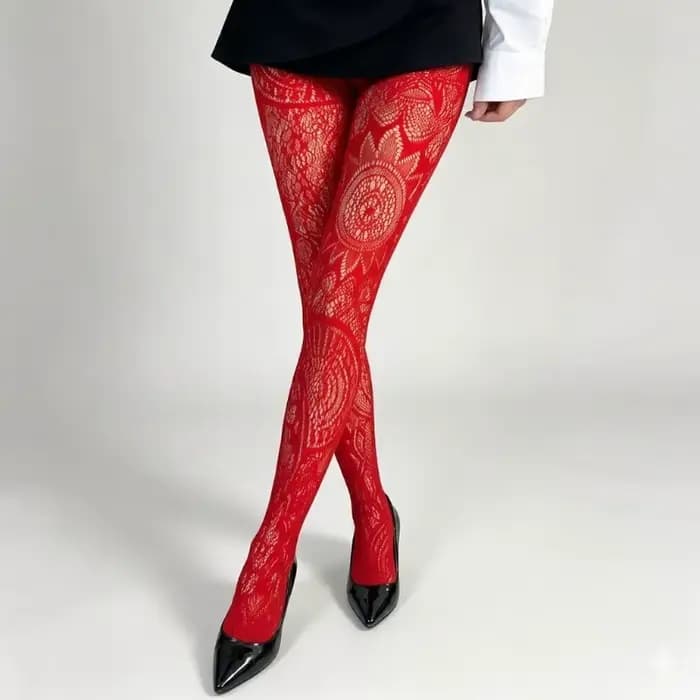 Nouveauté 2026 Collants résille rouges motif tournesol pour femme