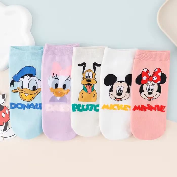 5 paires de chaussettes courtes en coton imprimées de dessins animés Disney Mickey Minnie Donald Duck pour femmes, chaussettes décontractées respirantes à coupe basse