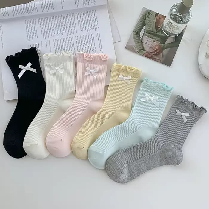 Chaussettes pour femmes, nouvelle collection, couleur bonbon, avec nœud, style décontracté, mode coréenne, respirantes, à volants, en coton