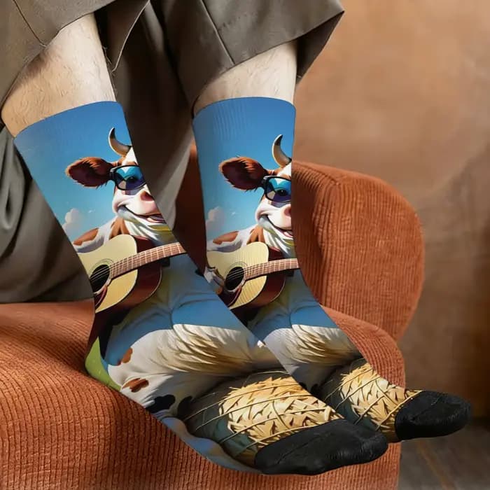 Chaussettes fantaisie drôles avec visage de vache, avec guitare, longueur mi-mollet, confortables, décontractées et à thème, Style rétro et ludique pour les fêtes