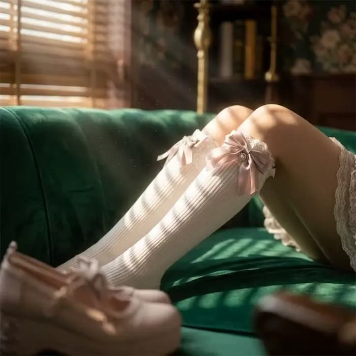 Chaussettes hautes côtelées en dentelle avec nœud pour femme
