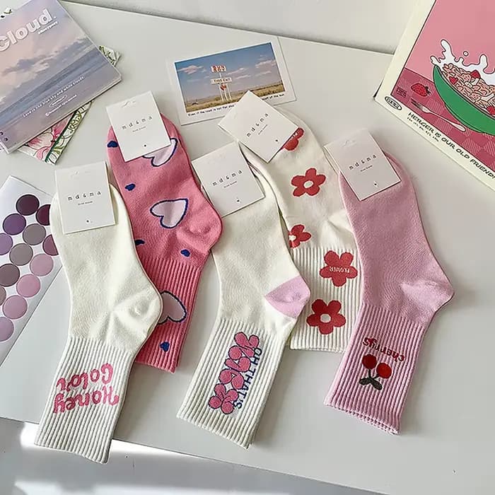 Chaussettes décontractées en coton Harajuku pour femmes et filles, fleur rose, mode, mignon, doux, coréen, japonais, Kawaii