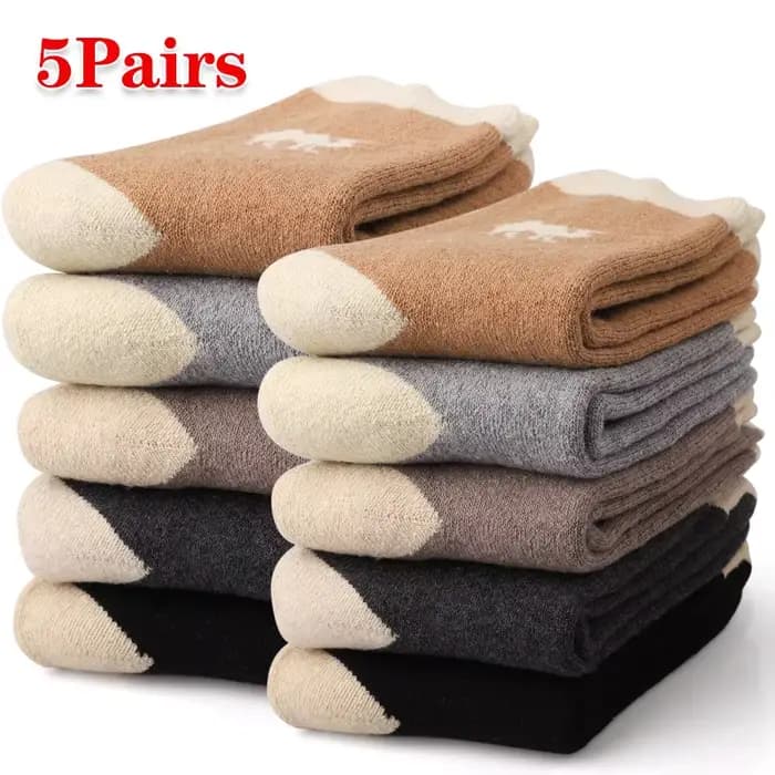5 paires de chaussettes en laine épaisse pour hommes, chaussettes de sport thermiques à mi-tube, de haute qualité, en éponge de neige, en cachemire