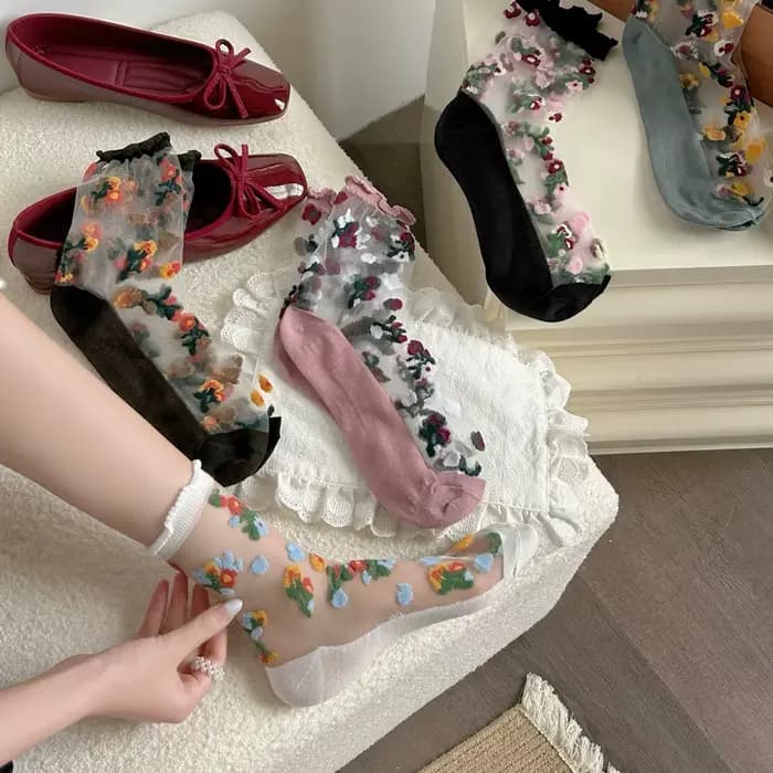 Fleur broderie motif mode chaussettes pour femmes été respirant à la mode chaussettes décontractées mignon mode Style coréen Transparent La