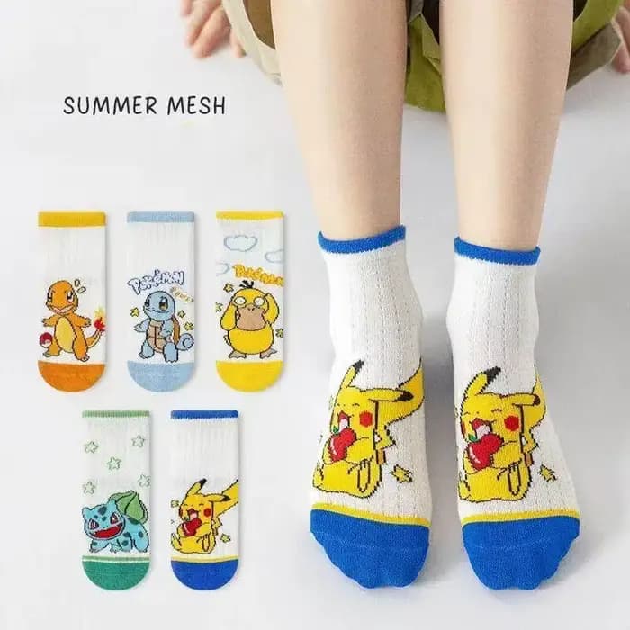 5 paires de chaussettes Pok é mon Pikachu pour garçons et filles, chaussettes en coton à col rond, mignonnes et respirantes, chaussettes d'été pour enfants