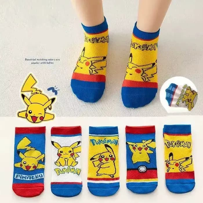 5 paires de chaussettes Pok é mon Pikachu pour garçons et filles, chaussettes en coton à col rond, mignonnes et respirantes, chaussettes d'été pour enfants