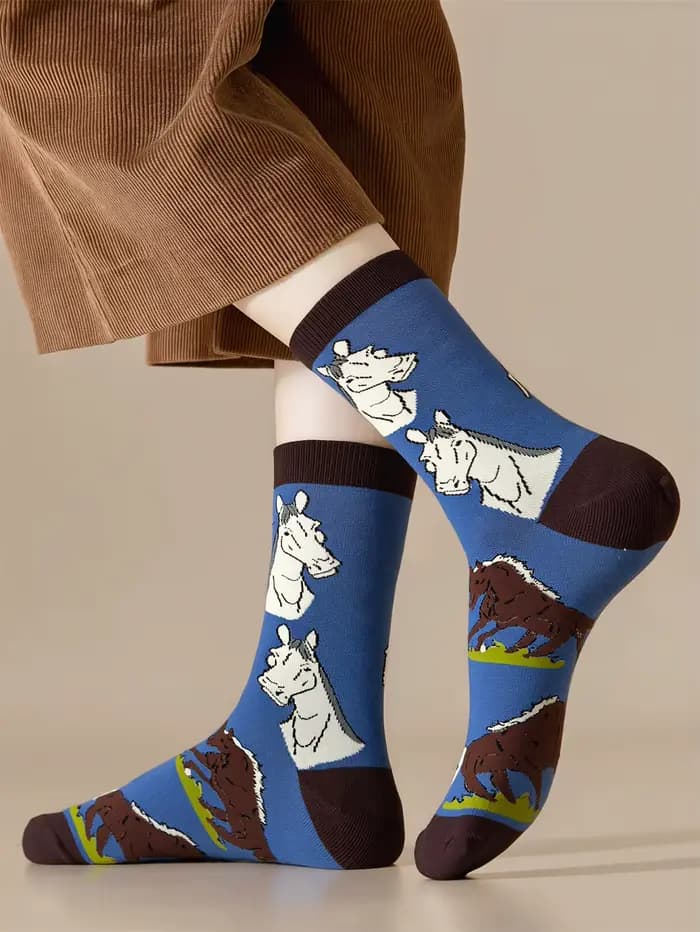 1 paire de chaussettes rétro en coton imprimées cheval pour homme