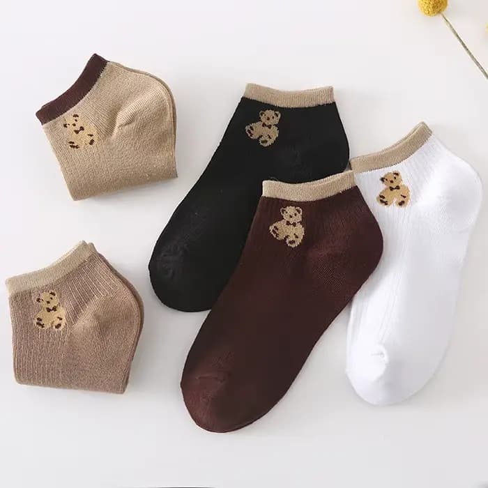 5 paires de chaussettes courtes pour femmes, motif ours en peluche mignon, à coupe basse, pour le printemps et l'été, chaussettes bateau décontractées assorties