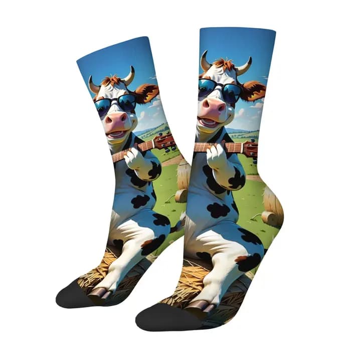 Chaussettes fantaisie drôles avec visage de vache, avec guitare, longueur mi-mollet, confortables, décontractées et à thème, Style rétro et ludique pour les fêtes