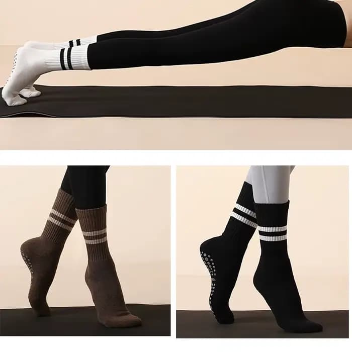 Chaussettes de yoga antidérapantes pour femmes avec poignées en coton mi-mollet longues chaudes respirantes Pilates