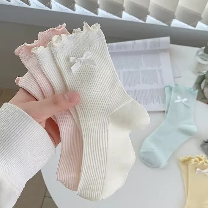 Chaussettes pour femmes, nouvelle collection, couleur bonbon, avec nœud, style décontracté, mode coréenne, respirantes, à volants, en coton