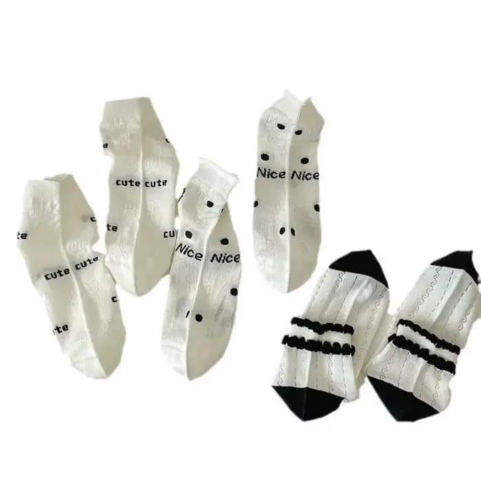 Chaussettes basses pour femmes, printemps-été, noires et blanches, mode mignonne Kawaii Lolita, fines, en coton, maille respirante, Calcetines