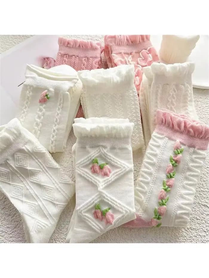 5 paires de chaussettes mi-longues en dentelle rose et blanche pour fille, à motifs de diamants, à fleurs, roses et mignonnes