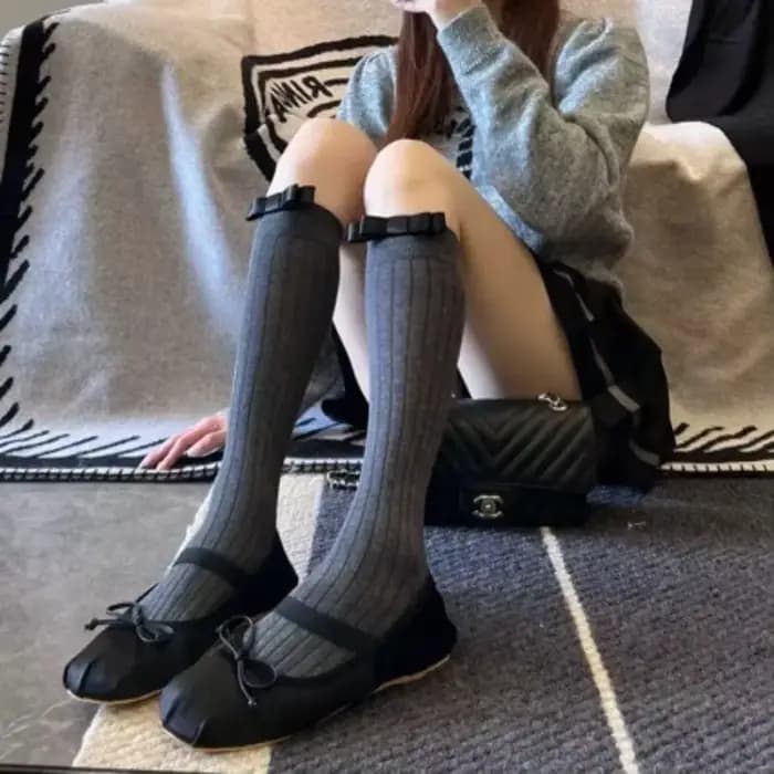 Bas pour femmes printemps été tendances décontracté Style Preppy chaussettes hautes femme HQ coton couleur unie nœud longue mollet chaussette confortable