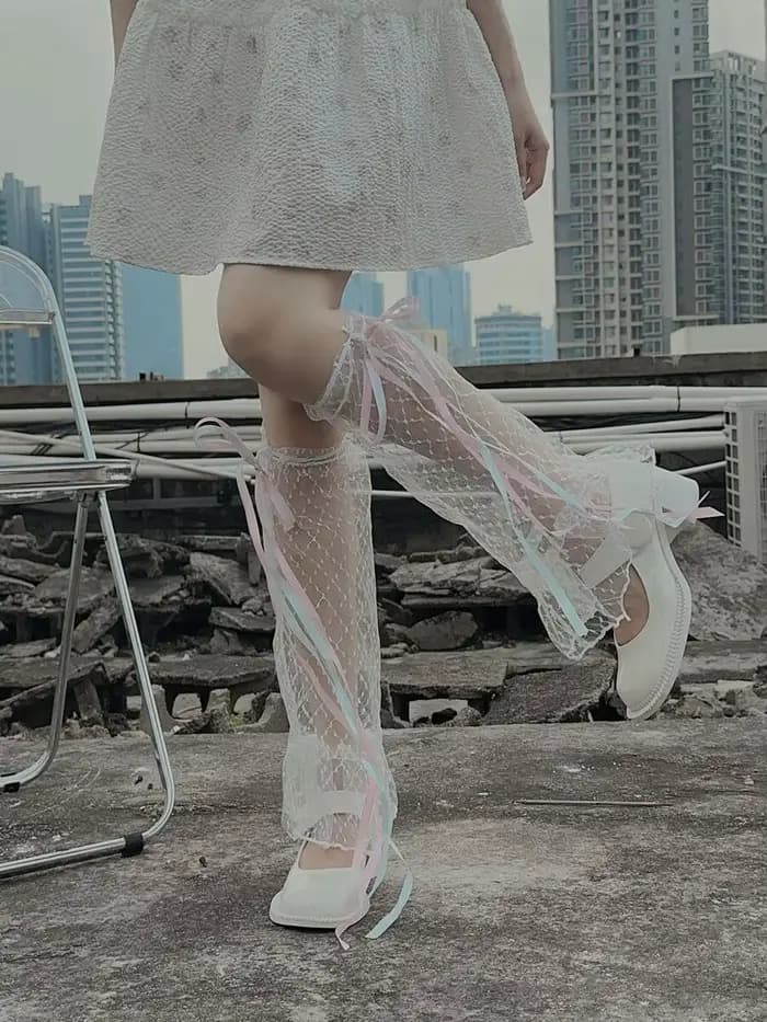 Chaussettes Lolita à nœud mi-tube, couvre-mollet, été au-dessus du genou, fines et douces pour filles, chaussettes longues creuses et Sexy pour femmes