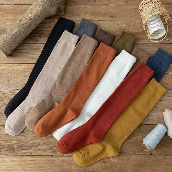 Chaussettes longues femmes bas coton biologique solide chaud cuisse haute dames filles rue mode jeune décontracté genou