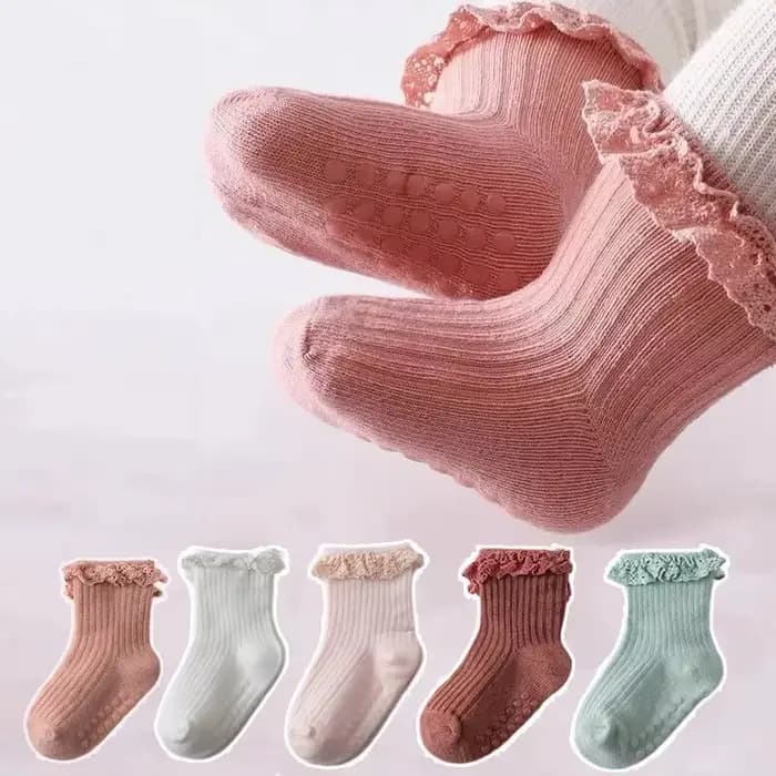 Chaussettes en dentelle coordonnantes pour bébés filles, chaussettes de sol respirantes pour enfants, point adhésif, coton solide, document doux