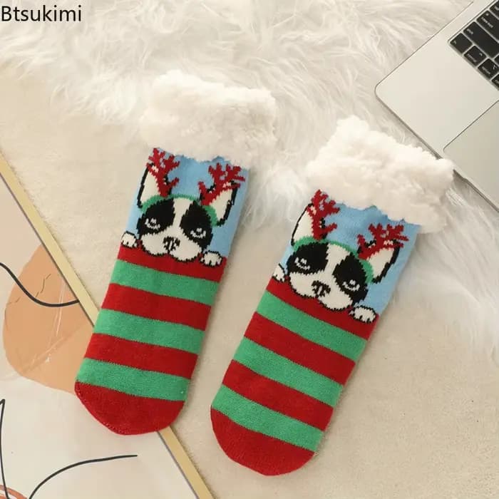Chaussettes de sol chaudes d'hiver pour femmes, en peluche douce, antidérapantes, meubles courts, velours Extra épais, dessin animé, chaussettes de noël pour dames