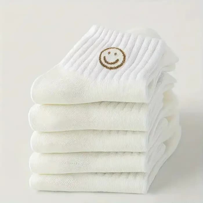 5 paires de chaussettes courtes fantaisistes à imprimé de visage de dessin animé – Tissu tricoté en polyester doux
