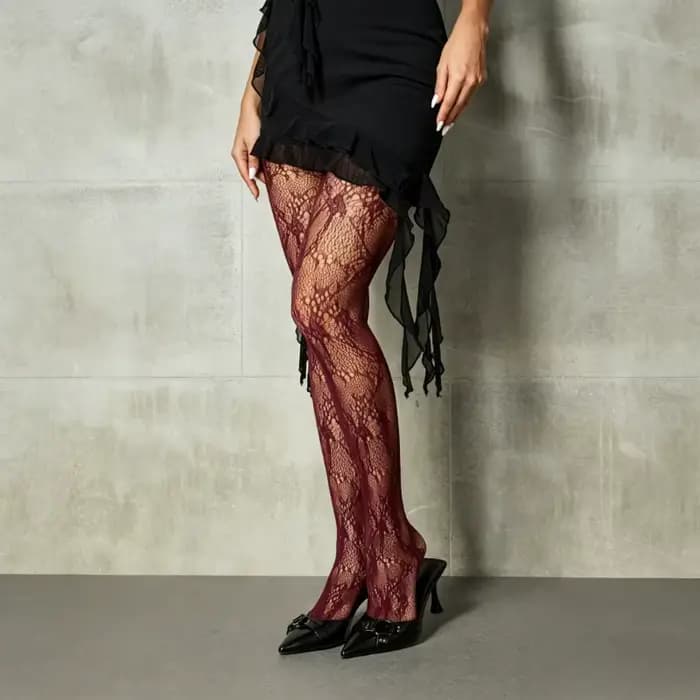 1 Paire de Collants Sexy Bordeaux Lolita en Dentelle Creuse et Résille